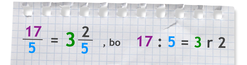 Przykład: ułamek siedemnaście piątych równa się trzy całe i dwie piąte, bo 17 dzielone przez 5 =3 r 2.