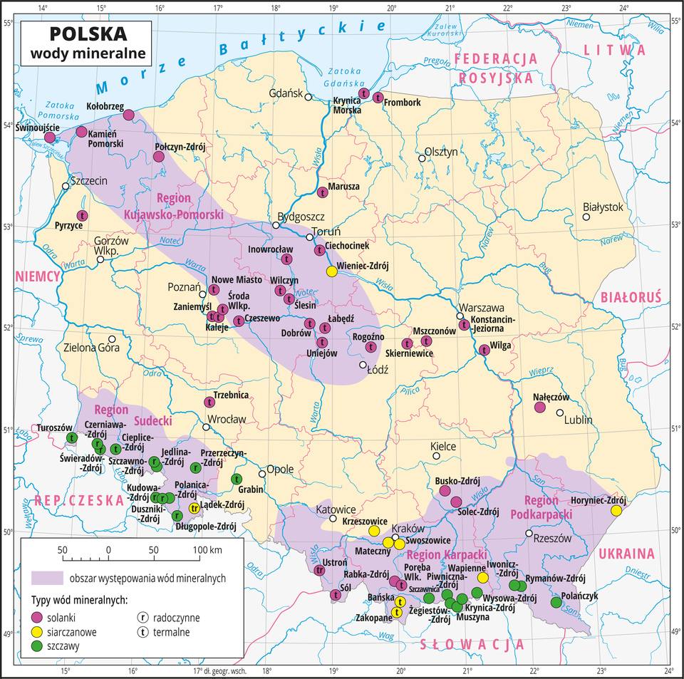 Ilustracja przedstawia mapę Polski. Oznaczono i opisano główne miasta. Granice województw oznaczono czerwonymi liniami. Opisano państwa sąsiadujące. Na mapie kolorem filetowym przedstawiono obszary występowania wód mineralnych, a za pomocą sygnatur – kolorowych kół przedstawiono typy wód: solanki, szczawy i wody siarczanowe. Oznaczeniami literowymi przedstawiono typy wód: r – radoczynne, t – termalne. Opisano nazwy regionów występowania wód mineralnych: Region Kujawsko-Pomorski, Region Sudecki, Region Karpacki, Region Podkarpacki. Innym krojem czcionki opisano również miasta, w których występują wody mineralne. Na południu Polski przeważa występowanie szczaw (w Rejonie Sudeckim są to wody radoczynne), a w Regionie Kujawsko-Pomorskim występują solanki termalne. Wody siarczanowe występują głównie w okolicach Krakowa. Dookoła mapy w białej ramce opisano współrzędne geograficzne co jeden stopień. W legendzie na dole mapy objaśniono znaki użyte na mapie.