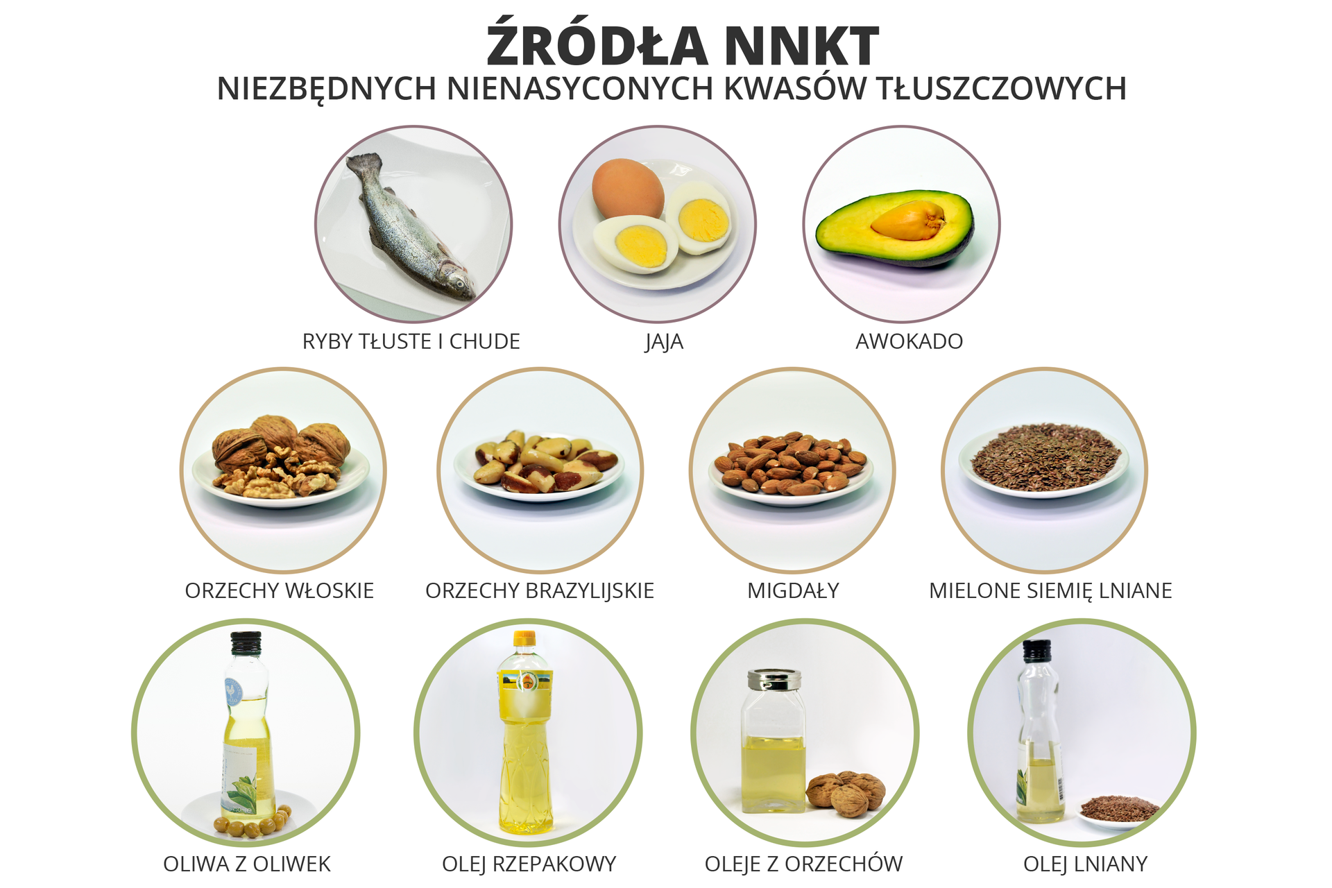 Schemat przedstawiający źródła niezbędnych nienasyconych kwasów tłuszczowych - ryby tłuste i chude, jaja, awokado, orzechy włoskie, orzechy brazylijskie, migdały, mielone siemię lniane, oliwa z oliwek, olej rzepakowy, oleje z orzechów oraz olej lniany.