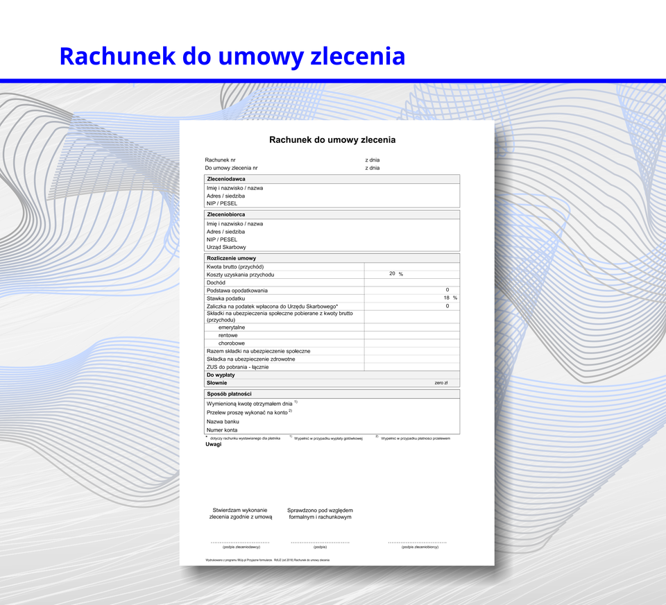 Ilustracja przedstawiarachunek do umowy zlecenia.