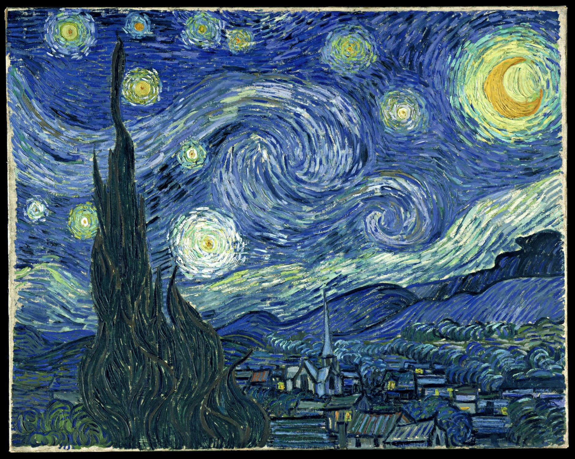 Vincent van Gogh, Gwiaździsta noc, 1889 Źródło: English Wikipedia, Vincent van Gogh, Gwiaździsta noc, 1889, olej na płótnie, Museum of Modern Art, licencja: CC 0.