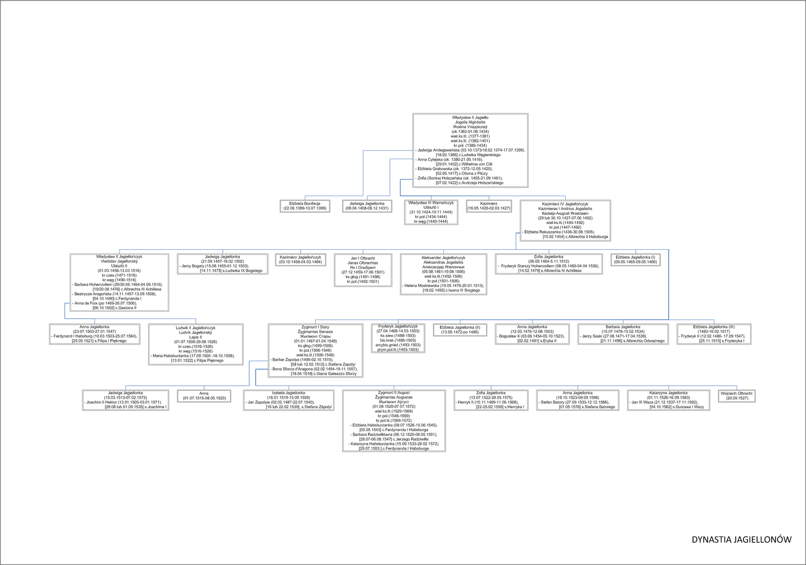 Drzewo genealogiczne Jagiellonów Drzewo genealogiczne Jagiellonów Źródło: Przemyslaw Ziolkowski, 2011, licencja: CC BY-SA 4.0.