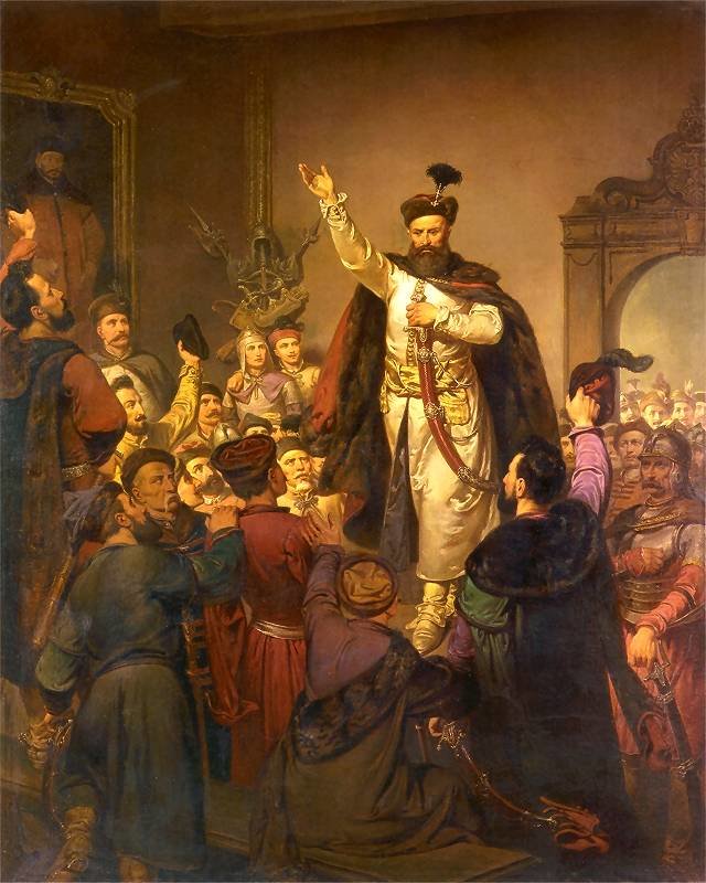 Zawiązanie konfederacji tyszowieckiej w 1655 r. Zawiązanie konfederacji tyszowieckiej w 1655 r. Obraz namalowany w XIX w. przez Elijasza Radzikowskiego. W centralnym punkcie z uniesioną dłonią Stefan Czarniecki. Źródło: Walery Eljasz Radzikowski, Zawiązanie konfederacji tyszowieckiej w 1655 r., licencja: CC BY-SA 3.0.