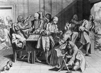 Kapitan Jenkins pokazuje swoją okaleczoną, pozbawioną ucha głowę premierowi Wielkiej Brytanii Robertowi Walpole’owi. Satyryczna rycina z 1738 r. Premier siedzi za biurkiem i odwraca z niechęcią wzrok; był przeciwnikiem nowej wojny z Hiszpanią i prawdopodobnie powiązanej z nią sojuszami Francją. Kapitan Jenkins pokazuje swoją okaleczoną, pozbawioną ucha głowę premierowi Wielkiej Brytanii Robertowi Walpole’owi. Satyryczna rycina z 1738 r. Premier siedzi za biurkiem i odwraca z niechęcią wzrok; był przeciwnikiem nowej wojny z Hiszpanią i prawdopodobnie powiązanej z nią sojuszami Francją. Źródło: Lobsterthermidor at English Wikipedia, 1738, rycina, domena publiczna.