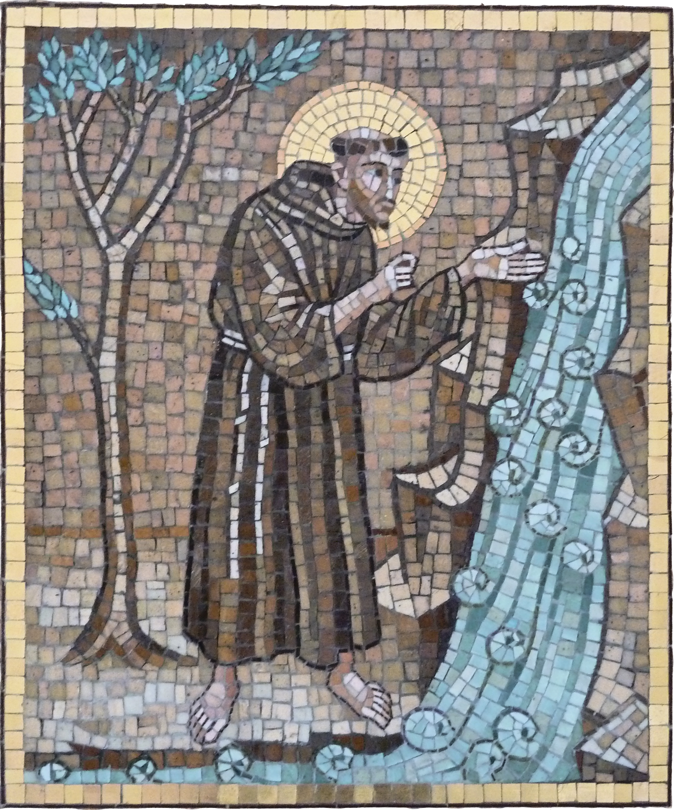 Święty Franciszek przemawiający do wody Mozaika stanowi ilustrację wersów Pieśni słonecznej. Źródło: Święty Franciszek przemawiający do wody, licencja: CC BY 2.0.