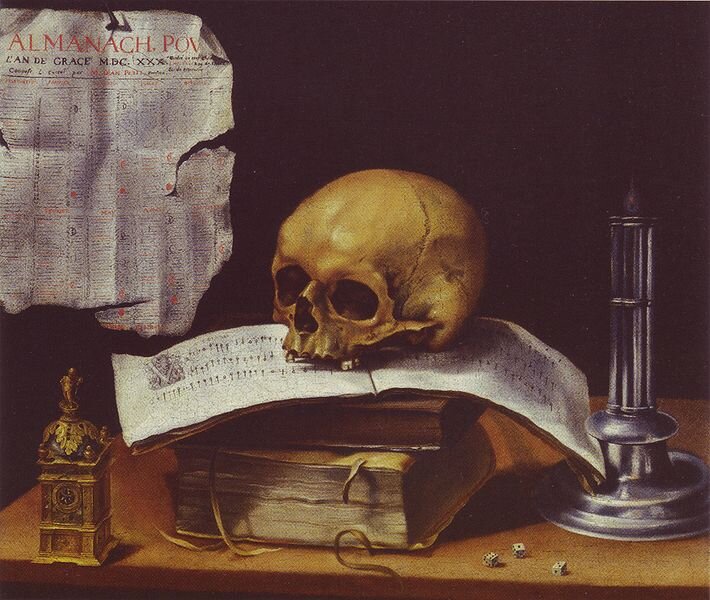 Martwa natura wanitatywna Źródło: Sebastian Stoskopff, Martwa natura wanitatywna, 1630, Kunstmuseum w Bazylei, domena publiczna.