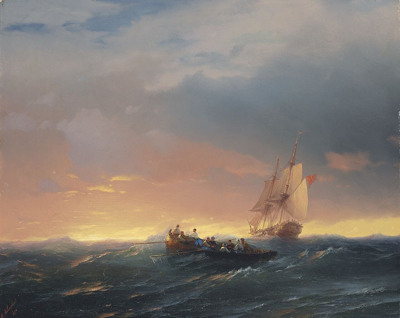Statki na fali o zachodzie słońca Marina (pejzaż marynistyczny) Źródło: Iwan K. Ajwazowski, Statki na fali o zachodzie słońca, 1850, olej na płótnie, domena publiczna.