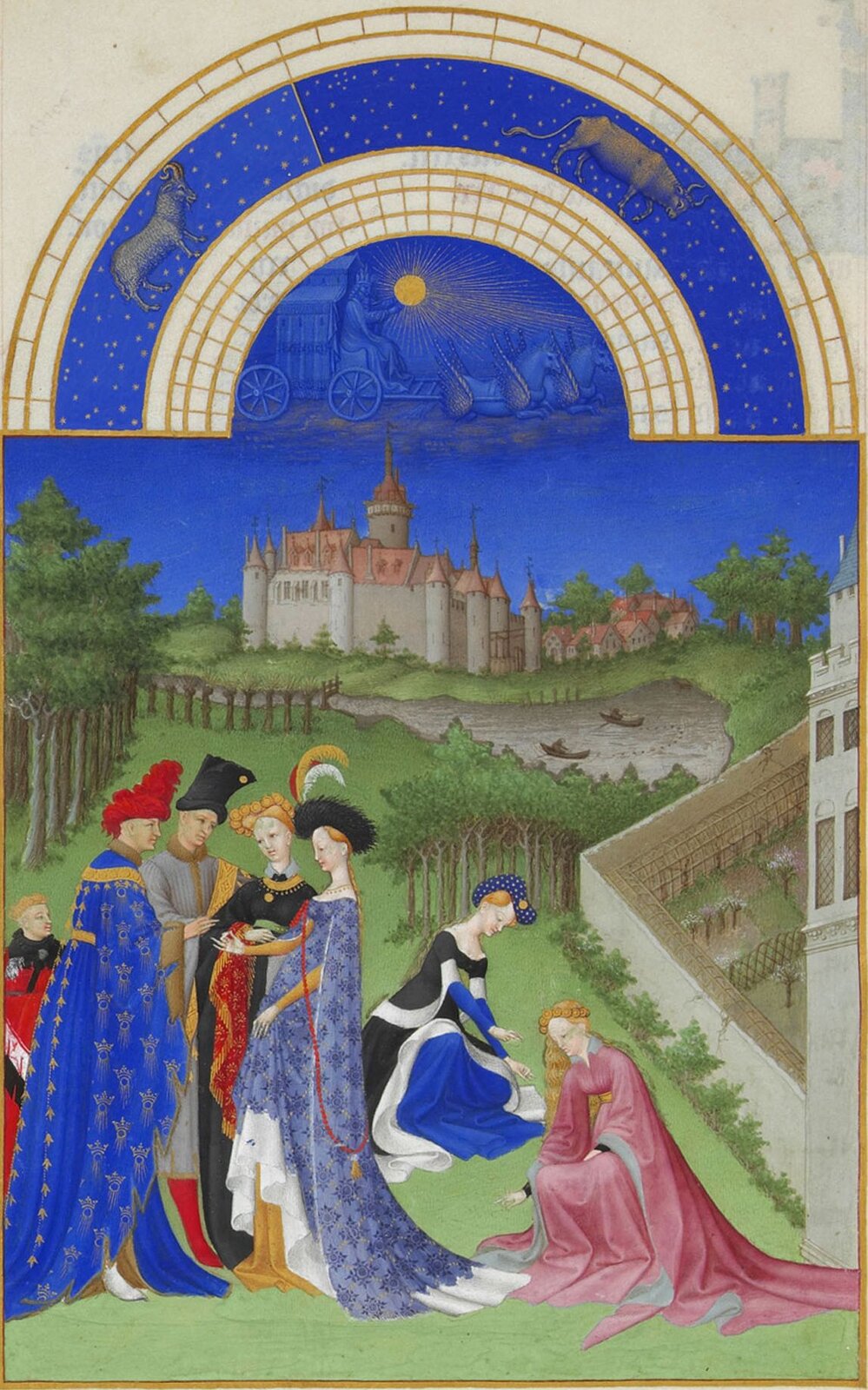 Bracia Limbourg, Très Riches Heures du duc de Berry (Bardzo Bogate Godzinki księcia de Berry), miniatura z cyklu Kalendarza, ok. 1415, rękopis iluminowany, pergamin, 29 x21 cm, Musée Condé, Chantilly Bracia Limbourg, Très Riches Heures du duc de Berry (Bardzo Bogate Godzinki księcia de Berry), miniatura z cyklu Kalendarza, ok. 1415, rękopis iluminowany, pergamin, 29 x21 cm, Musée Condé, Chantilly Źródło: Bracia Limbourg, między 1412 a 1416, Musée Condé, domena publiczna.