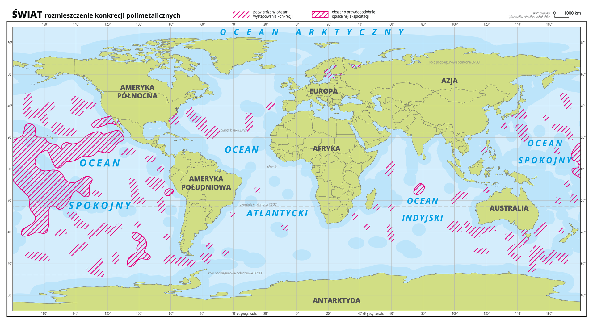 Ilustracja przedstawia mapę świata. Wody zaznaczono kolorem niebieskim, kontynenty zaznaczono zielonym. Opisano kontynenty i oceany.Na mapie czerwonymi liniami zakreskowano obszary występowania konkrecji polimetalicznych na dnie oceanów. Dodatkowo czerwoną linią obwiedziono niektóre zakreskowane wcześniej obszary, na których prawdopodobnie opłacalna jest eksploatacja konkrecji polimetalicznych.Najwięcej zakreskowanych obszarów występuje na Oceanie Spokojnym, pojedyncze na Oceanie Indyjskim i nieliczne na Oceanie Atlantyckim, w Zatoce Botnickiej i Zatoce Fińskiej.Mapa pokryta jest równoleżnikami i południkami. Dookoła mapy w białej ramce opisano współrzędne geograficzne co dwadzieścia stopni.Na górze w legendzie mapy objaśniono znaki użyte na mapie.