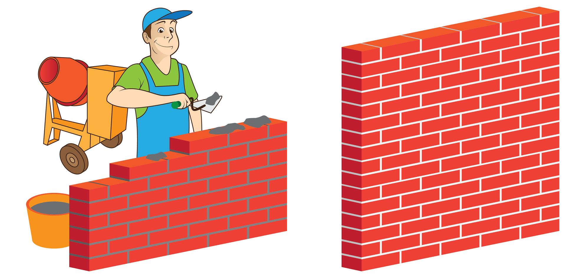 Ilustracja składa się z dwóch sąsiadujących rysunków. Rysunek po lewej stronie przedstawia robotnika stawiającego mur z cegieł i narzucającego zaprawę na kolejne cegły. Obok robotnika stoi wiadro z zaprawą, a nieco dalej za nim pomarańczowa betoniarka. Na rysunku po prawej stronie gotowa ściana z cegieł i zaschniętej, białej już zaprawy.