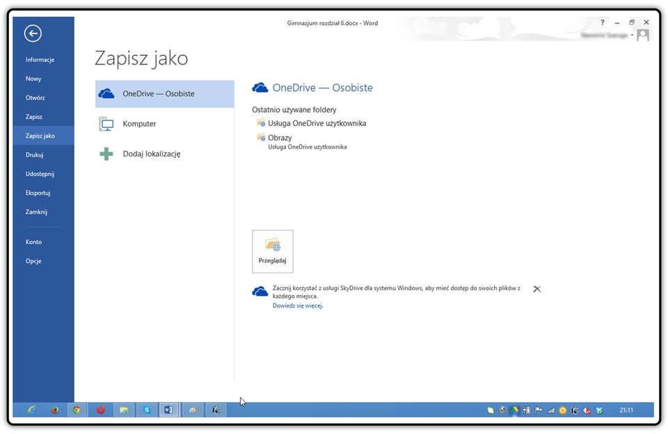 Zrzut okna zapisywania z zaznaczonym dyskiem OneDrive