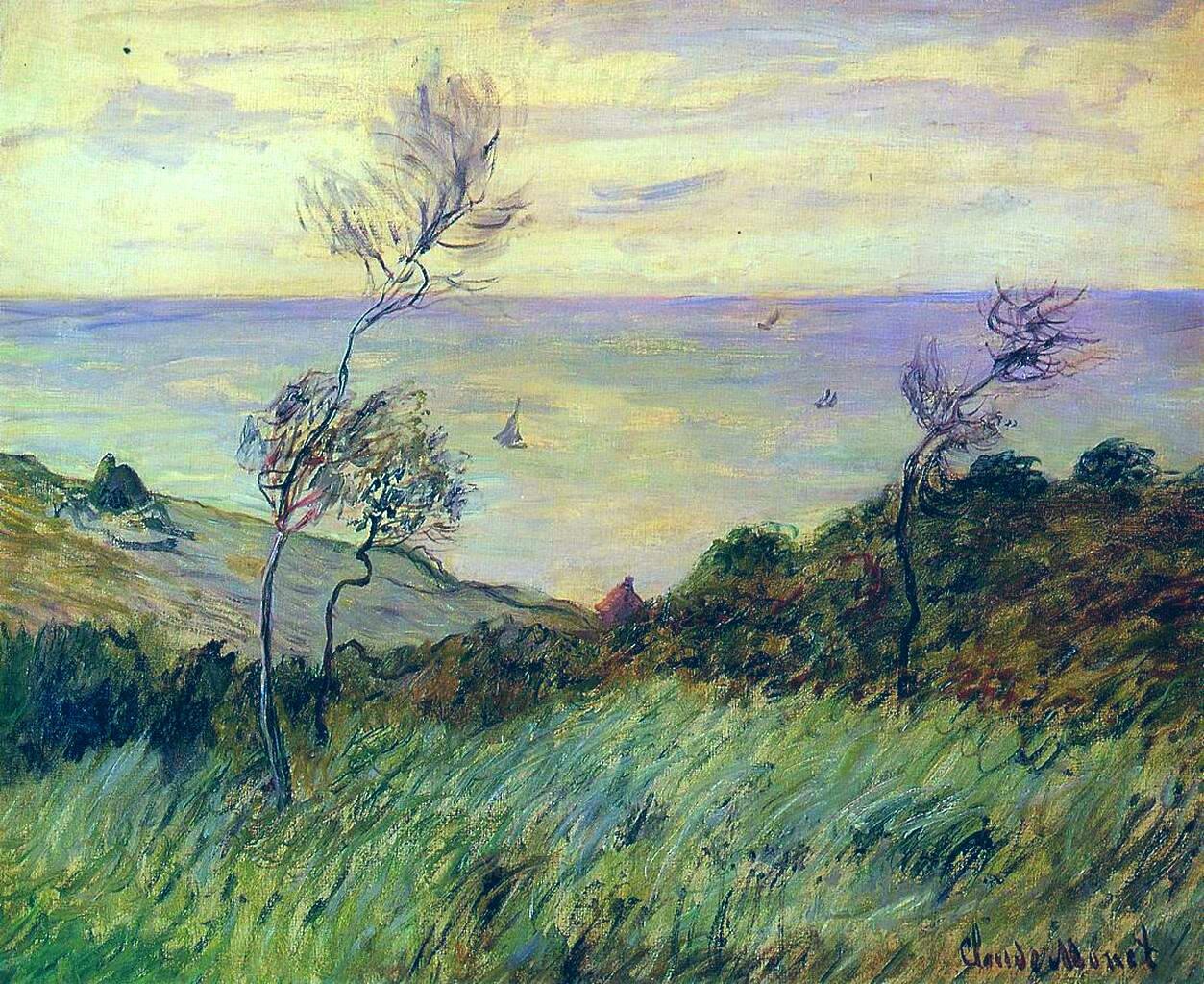 Klify Varengeville, Podmuch wiatru Źródło: Claude Monet, Klify Varengeville, Podmuch wiatru, 1882, domena publiczna.
