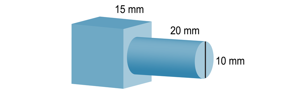 Rysunek bryły zbudowanej z sześcianu o krawędzi równej 15 mm oraz walca o wysokości 20 mm i średnicy podstawy 10 mm. Walec jest doklejony do ściany bocznej sześcianu.