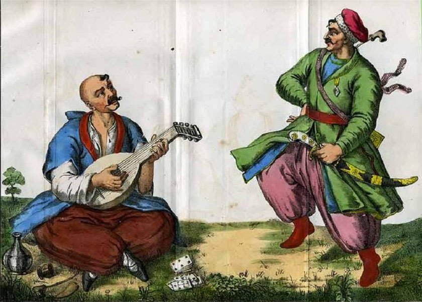 Kolorowana litografia Aleksandra Rigelmana z 1847 r. przedstawiająca bawiących się kozaków; jeden z nich gra na bandurze. Kolorowana litografia Aleksandra Rigelmana z 1847 r. przedstawiająca bawiących się kozaków; jeden z nich gra na bandurze. Źródło: Aleksandra Rigelmana, 1847, Kolorowa litografia, domena publiczna.