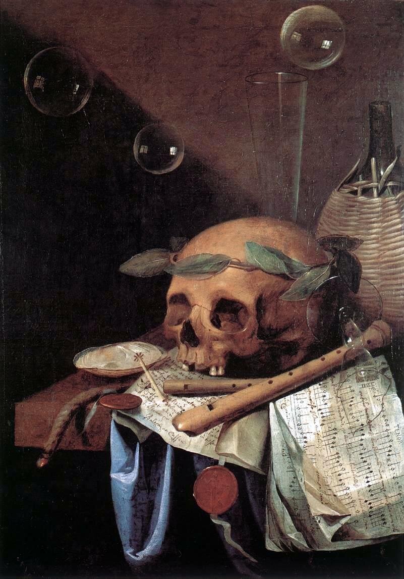 Vanitas Źródło: Simon Renard de Saint-André, Vanitas, 1650, olej na płótnie, Musée des Beaux-Arts, Lyon, domena publiczna.