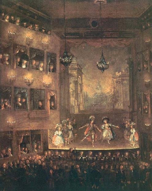 Spektakl w obecności króla Stanisława Augusta. Źródło: Spektakl w obecności króla Stanisława Augusta., 1790, Olej na płótnie, Muzeum Teatru Narodowego, domena publiczna.