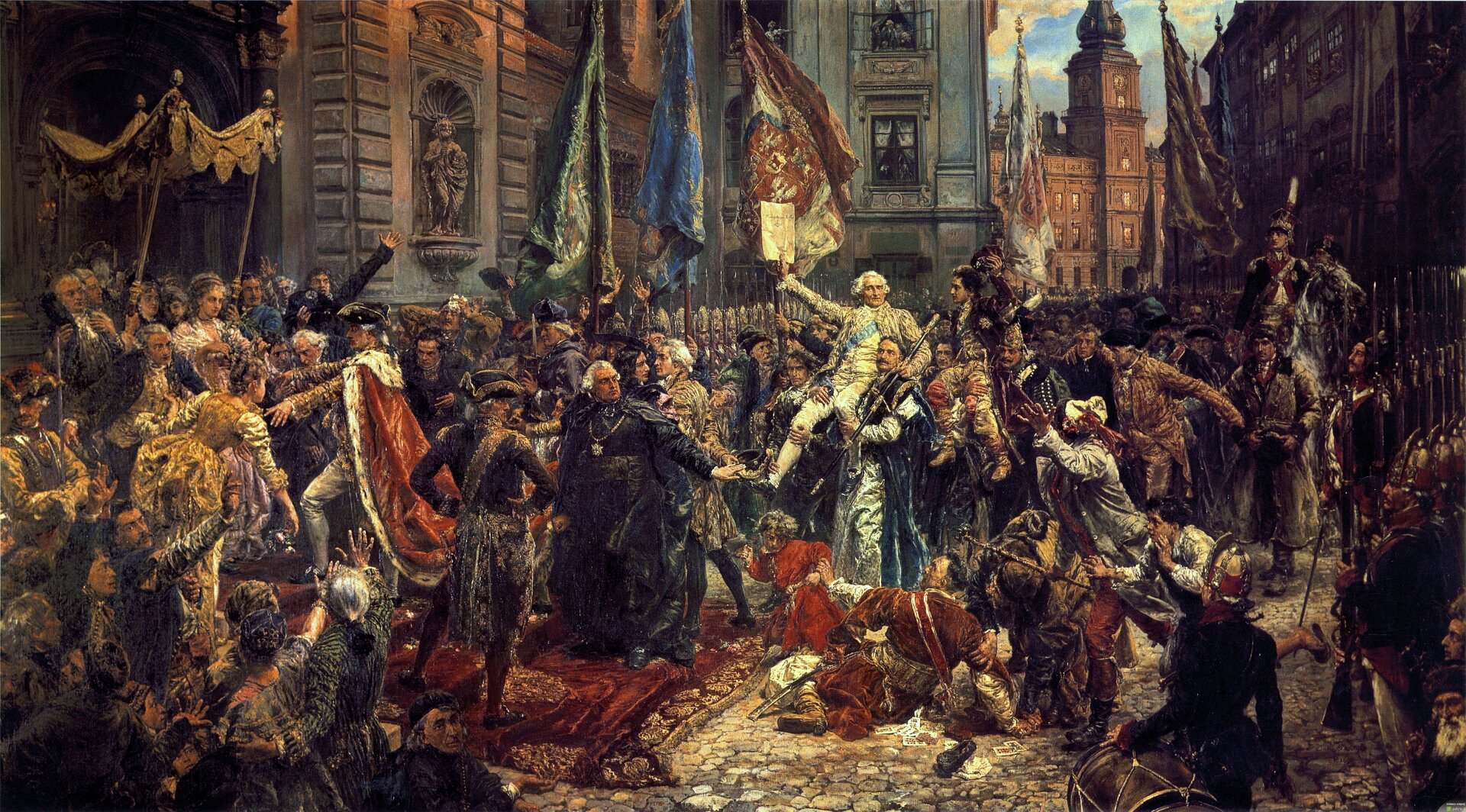 Ilustracja interaktywna przedstawia obraz „Konstytucja 3 Maja 1791 roku”, autorstwa Jana Matejki. Dynamiczna kompozycja przedstawia pochód posłów z Zamku Królewskiego do kolegiaty św. Jana w intencji ponownego zaprzysiężenie konstytucji uchwalonej 3 maja 1791 roku. Maszerujący, chronieni przez żołnierzy posłowie otoczeni są rozentuzjazmowanym tłumem. W centrum kompozycji znajduje się niesiona przez posłów postać marszałka Sejmu Wielkiego Stanisława Małachowskiego. Ubrany na jasno mężczyzna w białej peruce w uniesionej prawej ręce trzyma tekst Konstytucji 3 Maja. Poniżej triumfującego marszałka rozgrywa się dramatyczna scena, w której leżący na bruku poseł Jan Suchorzewski w geście sprzeciwu przeciw reformom, próbuje zabić swego syna. Malarz przywołuje tutaj autentyczną scenę, która rozegrała się na Zamku Królewskim. Po lewej stronie malowidła przedstawiony jest dumnie kroczący po schodach kolegiaty król Stanisław August Poniatowski, ramiona okrywa mu purpurowy płaszcz obszyty futrem z gronostajów. Akcja malowidła rozgrywa się na ulicy Świętojańskiej, w głębi obrazu widnieje fragment Zamku Ujazdowskiego.