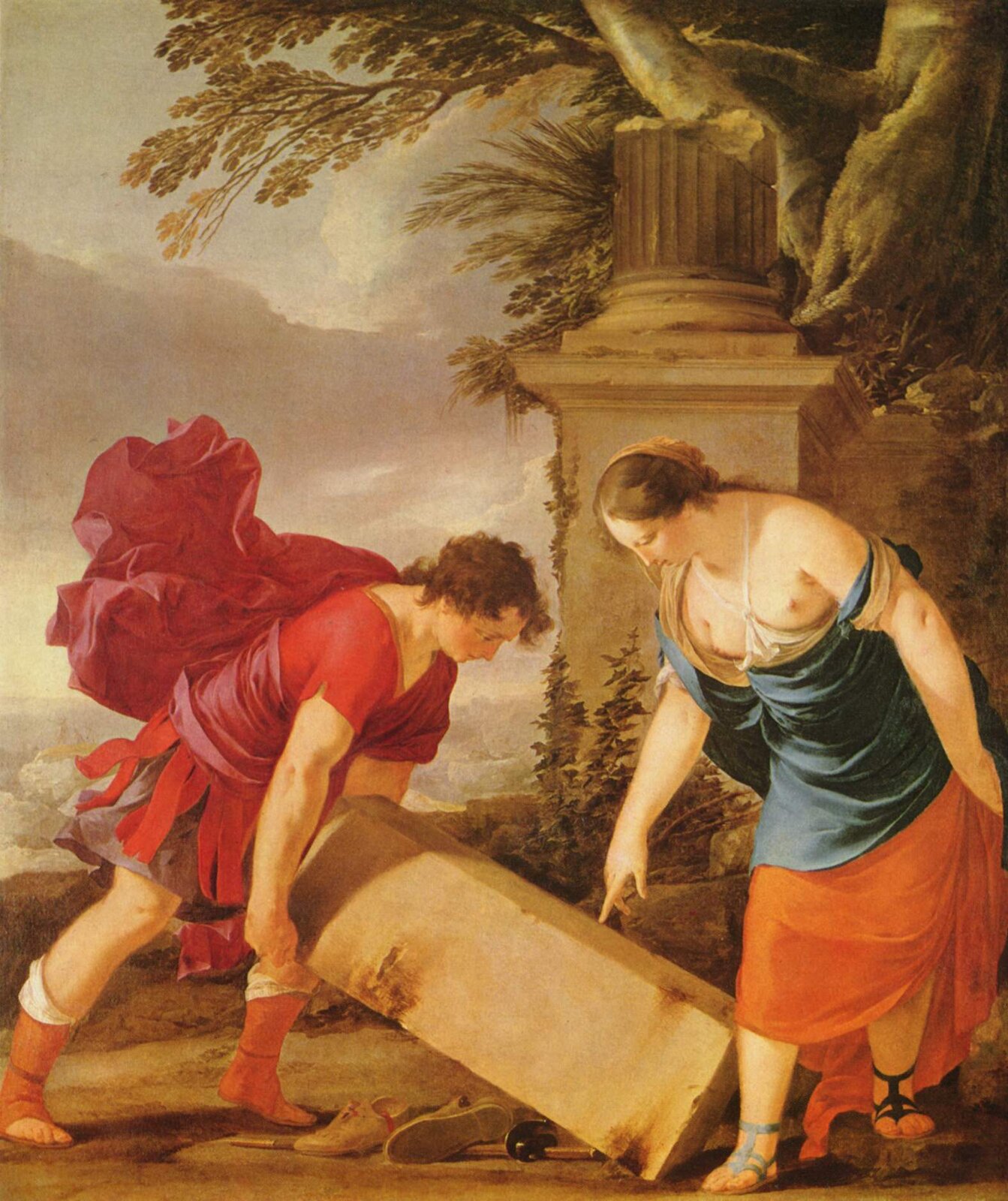 Tezeusz i Ajtra Źródło: Laurent de La Hyre, Tezeusz i Ajtra, ok. 1635–1636, olej na płótnie, Muzeum Sztuk Pięknych, Budapeszt, Węgry, domena publiczna.