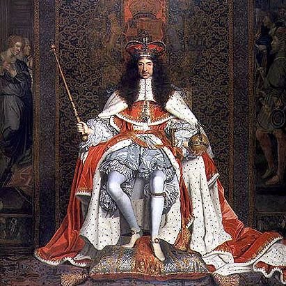 Karol II Stuart w stroju koronacyjnym Karol II Stuart w stroju koronacyjnym. Obraz namalowany przez Johna Michaela Wrighta ok. 1661 r., obecnie przechowywany w Zbiorach Królewskich. Źródło: John Michael Wright, Karol II Stuart w stroju koronacyjnym, ok. 1661-1662, olej na płotnie, Royal Collection, domena publiczna.