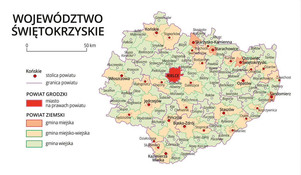 Mapa województwa świętokrzyskiego. Na mapie fioletowymi liniami zaznaczono granice powiatów ziemskich, dużymi czerwonymi kropkami zaznaczono miasta będące stolicami powiatów. W obrębie powiatów ziemskich kolorami wyróżniono gminy miejskie, miejsko-wiejskie i wiejskie. Czerwonym kolorem wyróżniono powiaty grodzkie z miastami na prawach powiatu, miasta te opisano dużymi literami. Kolory i znaki użyte na mapie opisano w legendzie. W legendzie podziałka liniowa.