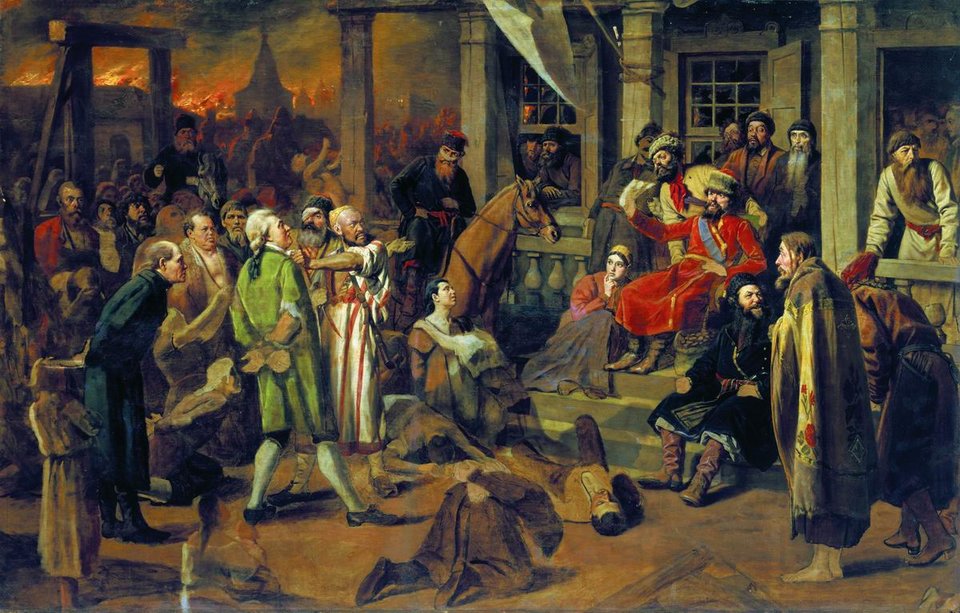 Sąd Pugaczowa Wasilij Pierow, obraz „Sąd Pugaczowa” (1875), na którym ukazano wymierzanie sprawiedliwości przez Pugaczowa; widzimy postawionych przed sądem ludzi zamożnych i biedny lud, w imieniu którego Pugaczowwymierza sprawiedliwość Źródło: Wasilij Pierow, Sąd Pugaczowa, 1875, domena publiczna.