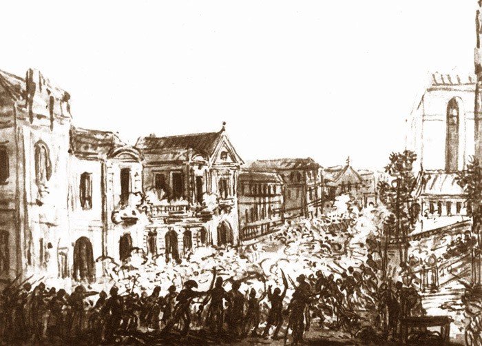 Szturm na ambasadę rosyjską w Warszawie. Źródło: Jean-Pierre Norblin de La Gourdaine, Szturm na ambasadę rosyjską w Warszawie., 1794, Atrament na papierze, Muzeum Narodowe w Krakowie, domena publiczna.