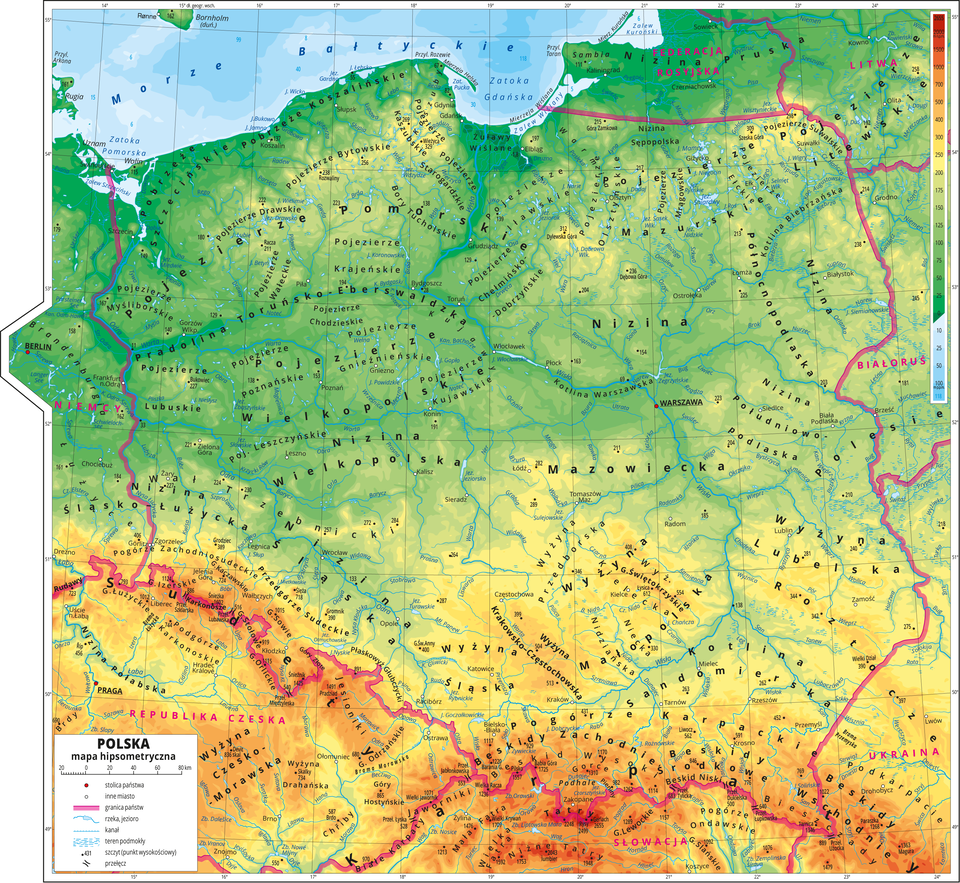 Mapa Polski z zaznaczonymi wysokościami terenu za pomocą barw: niziny – zielona, wyżyny -żółta, brązową, góry - czerwona.