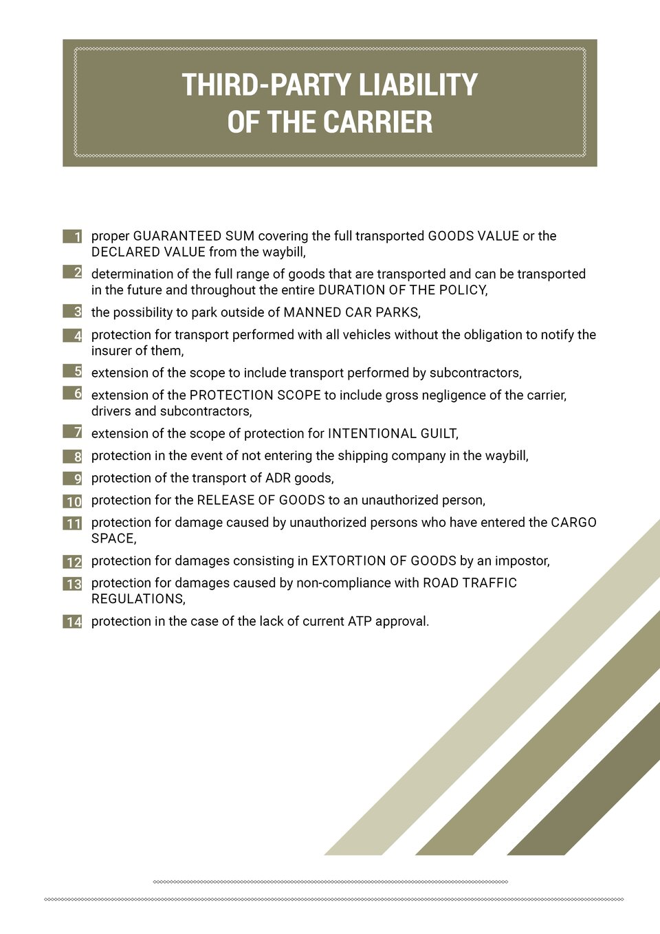 The document shows key elements that need to be in the contract, according to the specification of the transport. Grafika przedstawia kluczowe elementy, które zgodnie ze specyfikacją wykonywanych przewozów powinny znaleźć się w umowie.