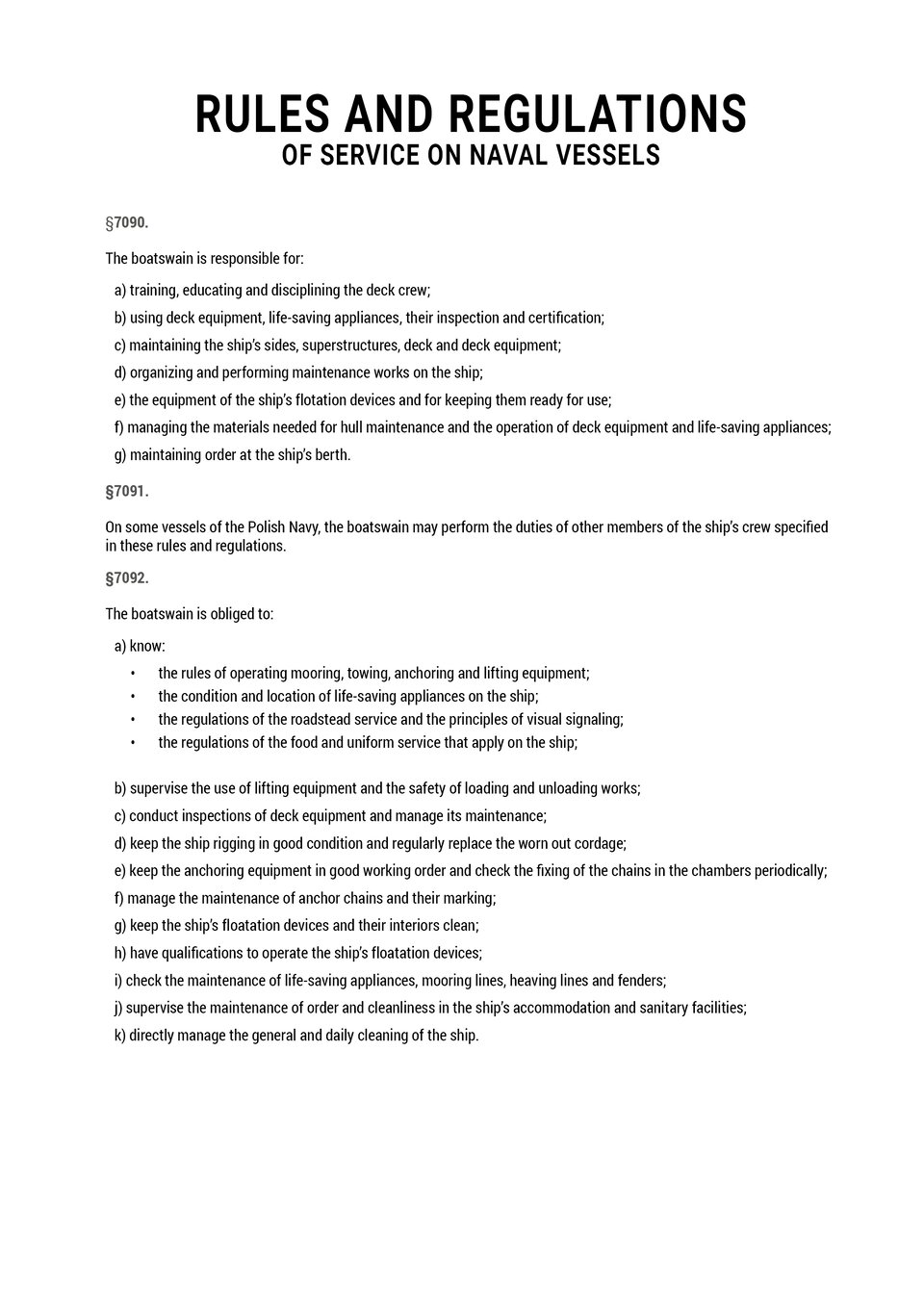 The document presents an excerpt from the rules and regulations of service on naval vessels. Dokument przedstawia fragment regulaminu służby na okrętach marynarki wojennej.
