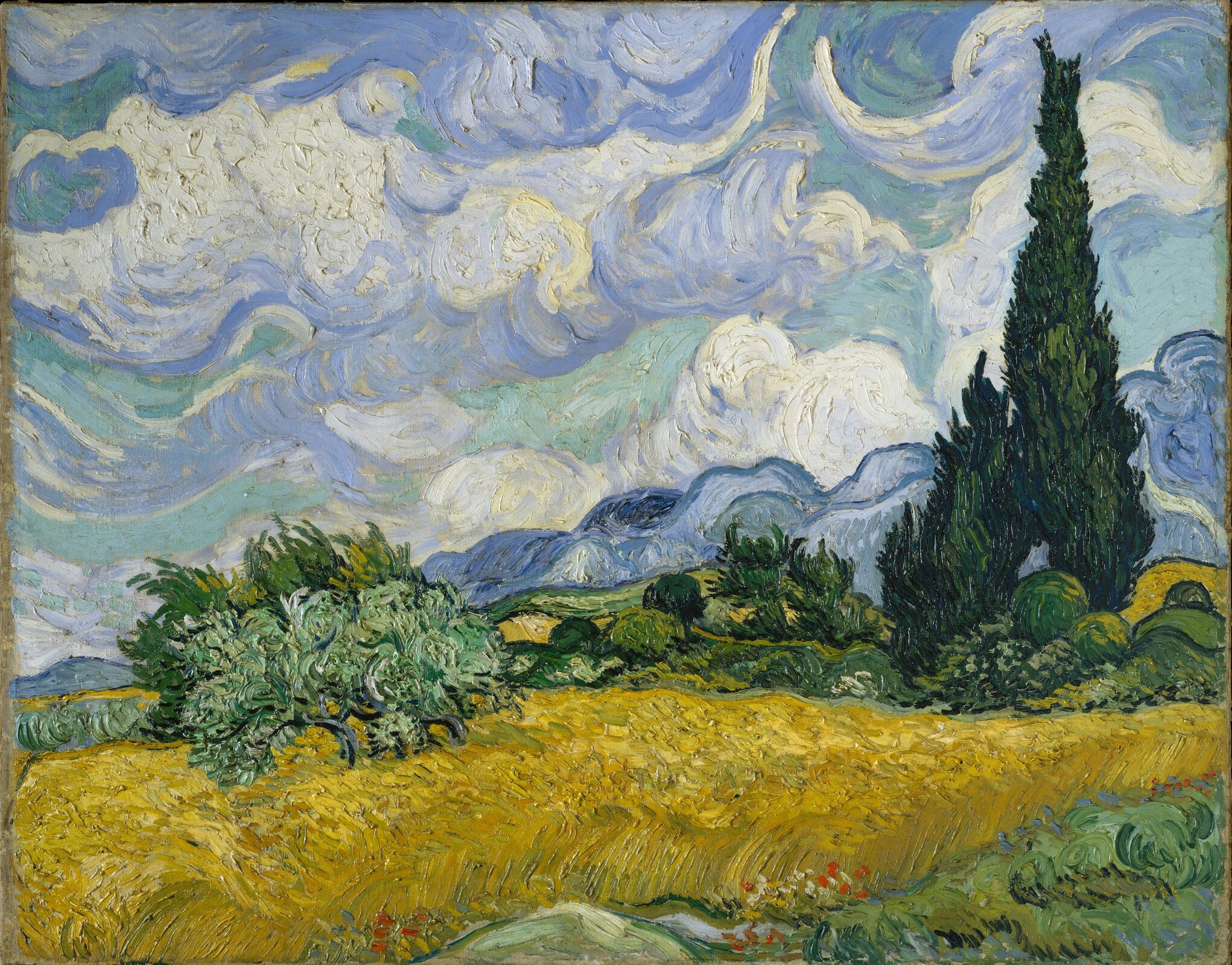 Pole pszenicy z cyprysami Źródło: Vincent van Gogh, Pole pszenicy z cyprysami , 1889, Metropolitan Museum of Art, Nowy York, domena publiczna.