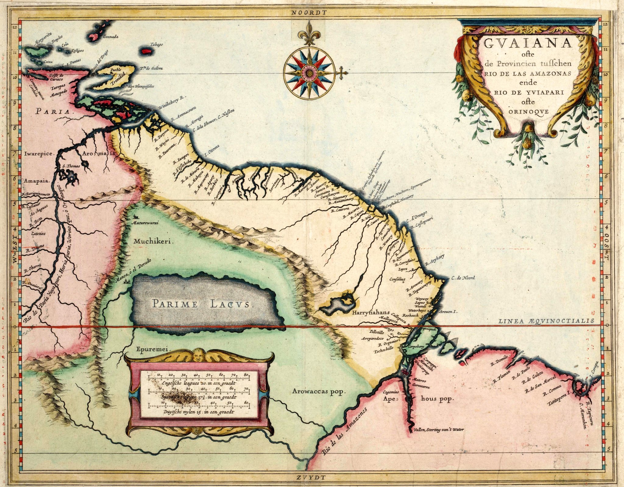 Według XVII-wiecznego holenderskiego kartografa jezioro Parima i miasto El Dorado znajdowały się właśnie tu – mapa z 1625 roku Według XVII-wiecznego holenderskiego kartografa jezioro Parima i miasto El Dorado znajdowały się właśnie tu – mapa z 1625 roku Źródło: domena publiczna.