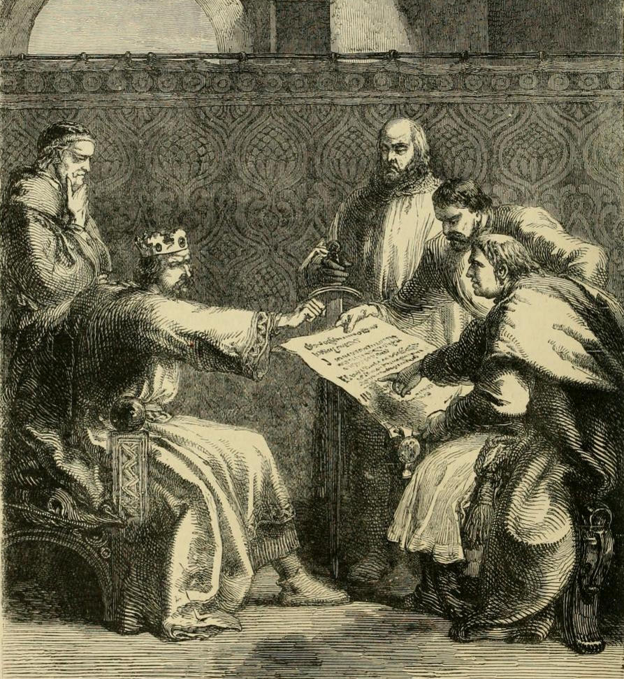 Ilustrowana historia Anglii Jan bez Ziemi, król Anglii, odmawia podpisania Wielkiej Karty Swobód podczas pierwszego jej przedłożenia. Podpisał ją niedługo później, bo w czerwcu 1215 roku. Ceremonia odbyła się na Runnymede – łące nad Tamizą, usytuowanej kilka kilometrów od Windsoru. Źródło: John Cassel, Ilustrowana historia Anglii, 1902, domena publiczna.