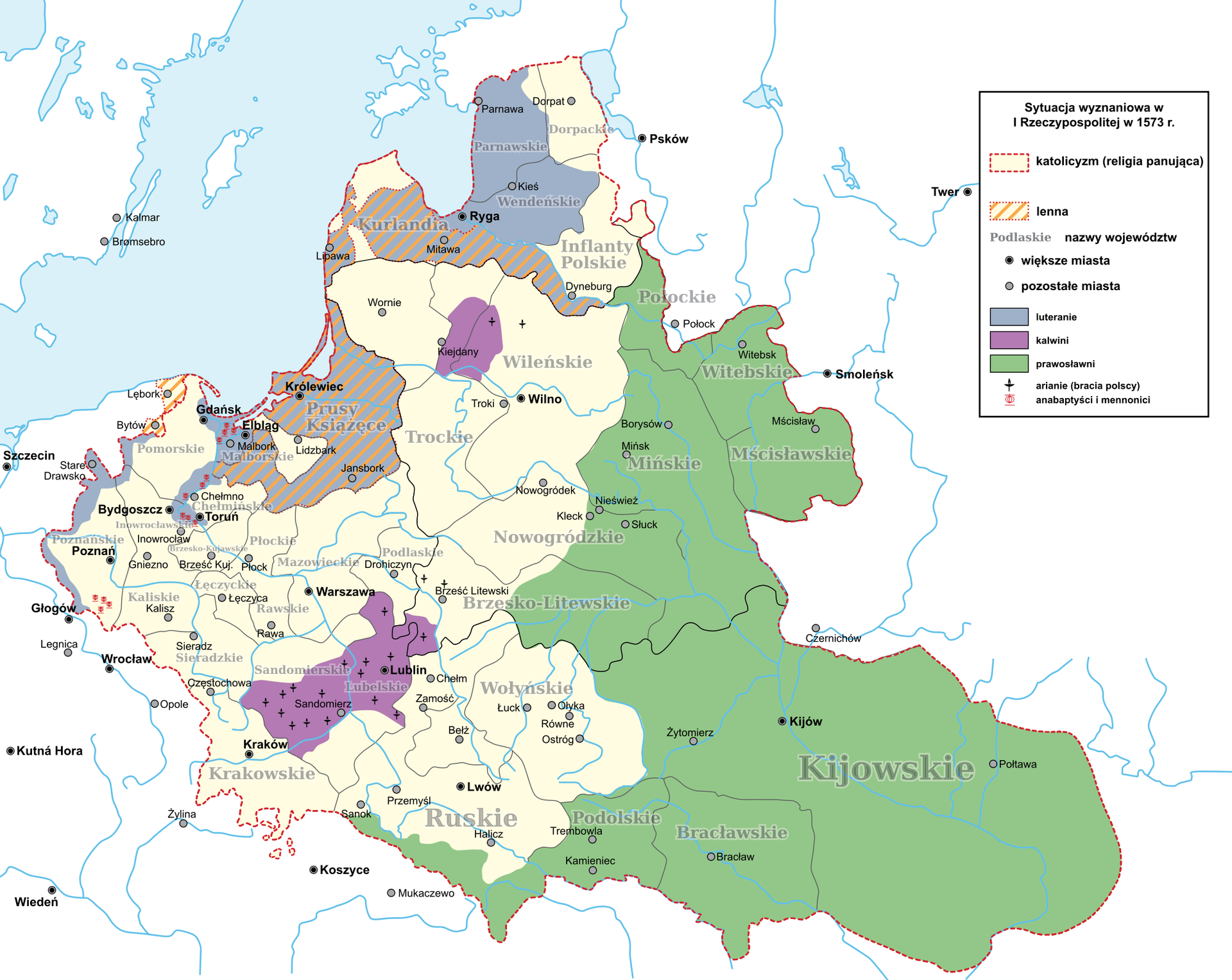 Sytuacja wyznaniowa w I Rzeczypospolitej w 1573 roku Sytuacja wyznaniowa w I Rzeczypospolitej w 1573 roku Źródło: Hoodinski, licencja: CC BY 3.0.