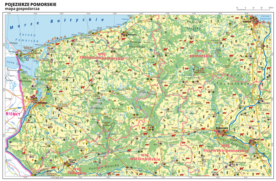 Ilustracja przedstawia mapę gospodarczą Pojezierza Pomorskiego. Tło mapy w kolorze żółtym (grunty orne), jasnozielonym (łąki i pastwiska) i zielonym (lasy). Liczne jeziora. Na mapie sygnatury obrazujące uprawy poszczególnych roślin, hodowlę zwierząt, przemysł, górnictwo i energetykę, komunikację, turystykę, naukę, kulturę i sztukę. Na północnym-zachodzie Morze Bałtyckie i Zatoka Pomorska. Na północnym-wschodzie Zatoka Gdańska. Mapa obejmuje tereny od Świnoujścia na zachodzie po Gdańsk na wschodzie, na południu sięgając Gorzowa Wielkopolskiego i Inowrocławia. Miejscowości nadmorskie oznaczone sygnaturą turystyki wypoczynkowej, niektóre sygnaturą portu. Największe zagęszczenie pozostałych sygnatur w Szczecinie, Koszalinie, Gdańsku, Bydgoszczy, Toruniu i Gorzowie Wielkopolskim. Na mapie przedstawiono sieć dróg i kolei, porty wodne i lotnicze, granice województw, granicę państwa. Opisano województwa zachodniopomorskie, pomorskie, kujawsko-pomorskie, wielkopolskie i lubuskie. Opisano Niemcy. Opisano kompleksy leśne, na przykład Puszczę Notecką i parki narodowe. Mapa zawiera południki i równoleżniki, dookoła mapy w białej ramce opisano współrzędne geograficzne co trzydzieści minut.