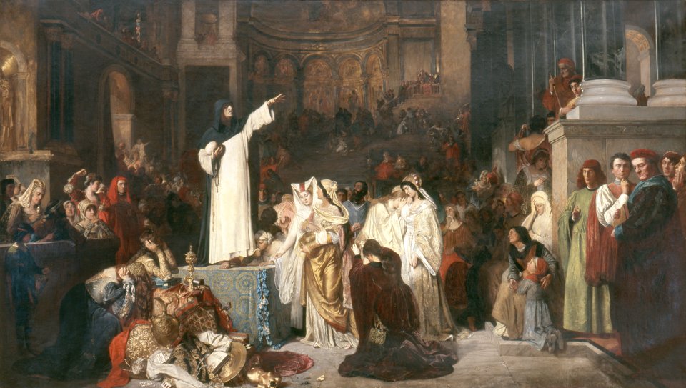 Savanarola głoszący kazanie przeciwko rozrzutności Źródło: Ludwig von Langenmantel, Savanarola głoszący kazanie przeciwko rozrzutności, 1879, domena publiczna.