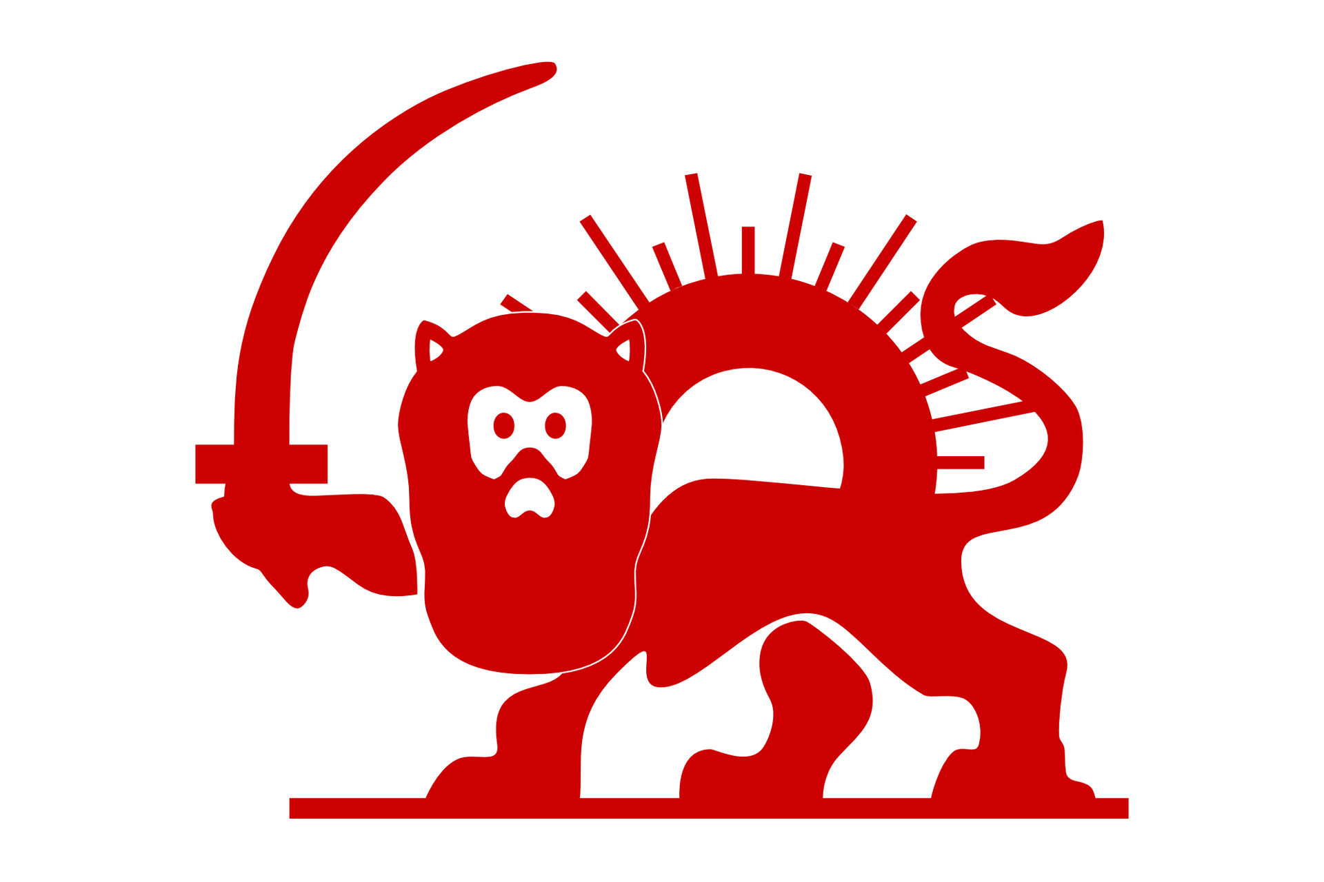 Ilustracja przedstawia piktogram czerwonego lwa. Lew stoi bokiem do obserwatora. Głowa skierowana w lewo. Ogon po prawej uniesiony do góry. Przybiera kształt litery „s”. Przed głową prawa łapa uniesiona trzyma długi miecz. Miecz w kształcie półksiężyca. Nad grzbietem lwa czerwony półokrąg. Wzdłuż górnej krawędzi półokręgu promienie równomiernie ułożone. Na przemian krótkie i długie promienie.