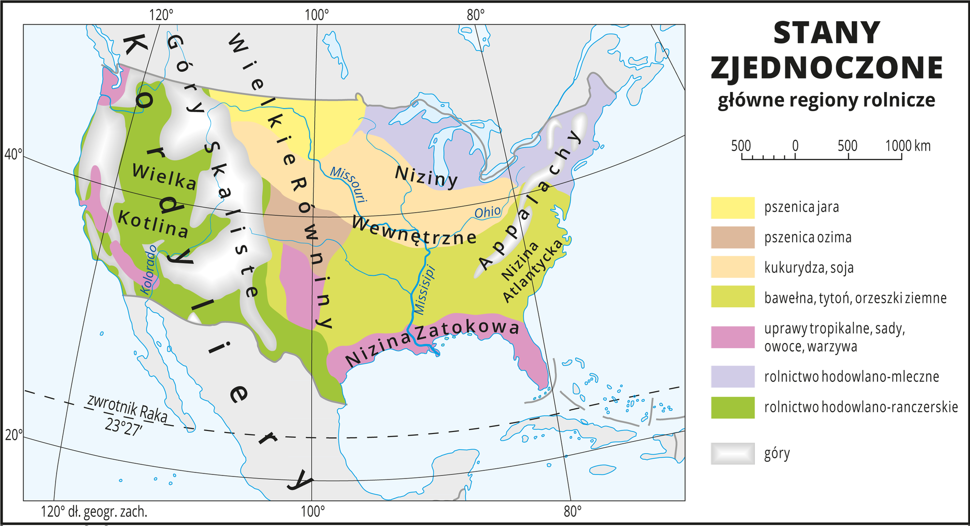 Ilustracja przedstawia mapę Stanów Zjednoczonych Ameryki Północnej. Kolorami wyróżniono główne regiony rolnicze. Na zachodnim wybrzeżu uprawy tropikalne, sady, owoce i warzywa, a w kotlinach rolnictwo hodowlano-ranczerskie. Na terenach nizinnych wewnątrz kraju uprawy: pszenica ozima, kukurydza, soja, bawełna, tytoń, orzeszki ziemne. Na północy kraju rolnictwo hodowlano-mleczne i uprawa pszenicy jarej, a na południu uprawy tropikalne, sady, owoce, warzywa. Na mapie opisano nazwy krain geograficznych. Mapa pokryta jest siatką geograficzną. Dookoła mapy w białej ramce opisano współrzędne geograficzne co dwadzieścia stopni. W legendzie opisano kolory użyte na mapie.