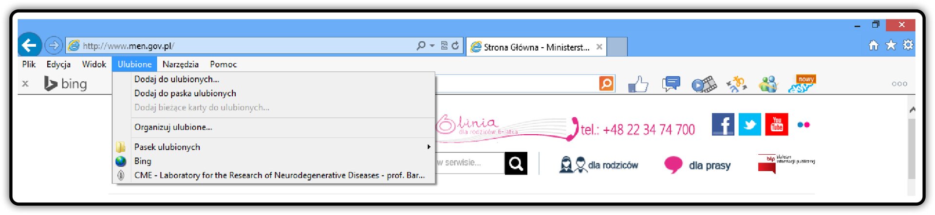 Zrzut fragmentu okna przeglądarki Internet Explorer z pokazanym menu Ulubione