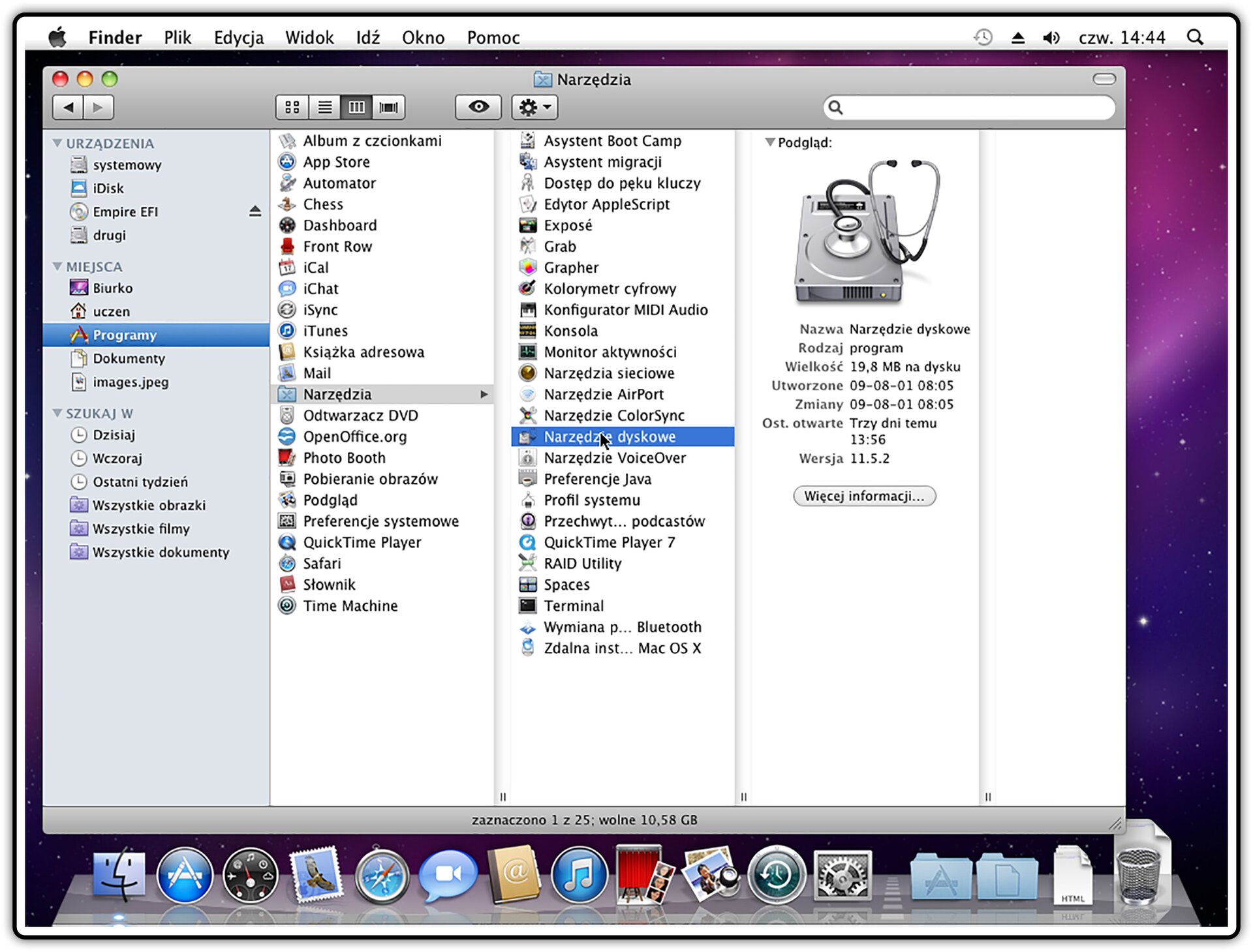Zrzut okna programu Finder z podglądem narzędzi dyskowych w systemie operacyjnym Mac OS X