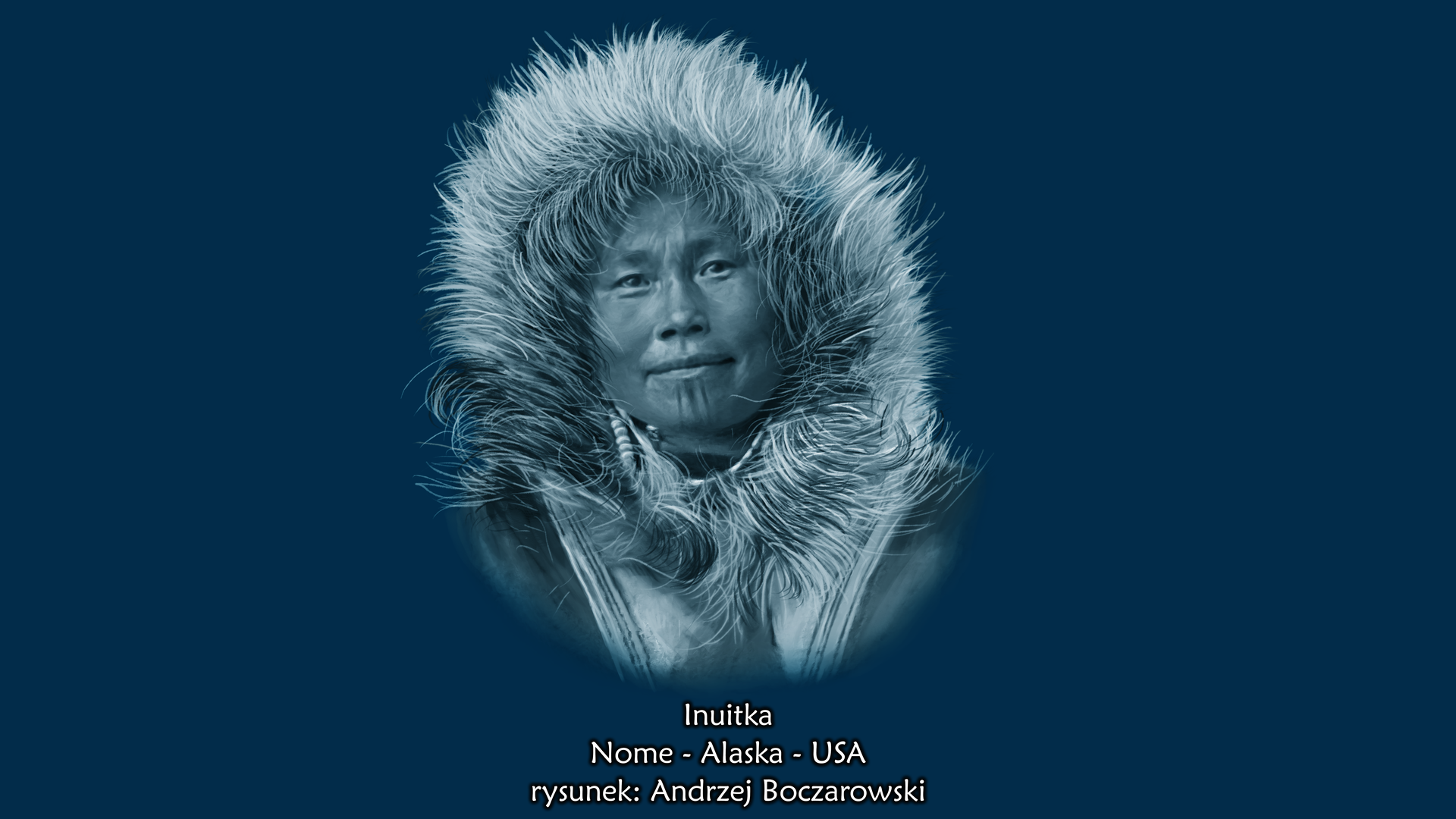 Ilustracja prezentuje portret Inuitki. Jest to, kobieta o okrągłej płaskiej twarzy, małych szparach ocznych i małym nosie. Kobieta ubrana jest w kurtkę z futrzanym kapturem.