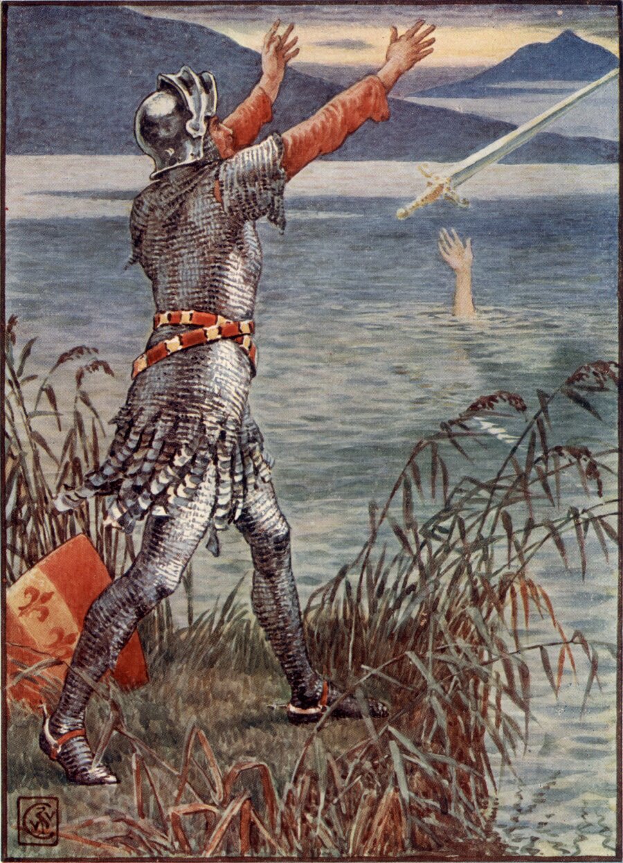 Pan Bediwer wrzuca Ekskalibura do jeziora Źródło: Walter Crane, Pan Bediwer wrzuca Ekskalibura do jeziora, 1845, ilustracja kolorowa, domena publiczna.
