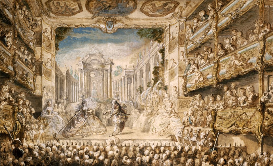 Rysunek kolorowany piórkiem Gabriela de Saint-Aubin z 1761 r. pokazujący przedstawienie operowe w Palais Royal w Paryżu. Scena z opery Lully’ego „Armide”. Rysunek kolorowany piórkiem Gabriela de Saint-Aubin z 1761 r. pokazujący przedstawienie operowe w Palais Royal w Paryżu. Scena z opery Lully’ego „Armide”. Źródło: Gabriel de Saint-Aubin, 1761, domena publiczna.
