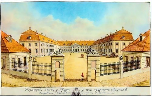 Nowy Zamek w Grodnie, wzniesiony przez Augusta III w l. 1734-1751 wg projektu znanego architekta Karla Friedricha Pöppelmanna. W nim obradowały również zwoływane sejmy, w tym ostatni sejm Rzeczpospolitej. Nowy Zamek w Grodnie, wzniesiony przez Augusta III w l. 1734-1751 wg projektu znanego architekta Karla Friedricha Pöppelmanna. W nim obradowały również zwoływane sejmy, w tym ostatni sejm Rzeczpospolitej. Źródło: domena publiczna.