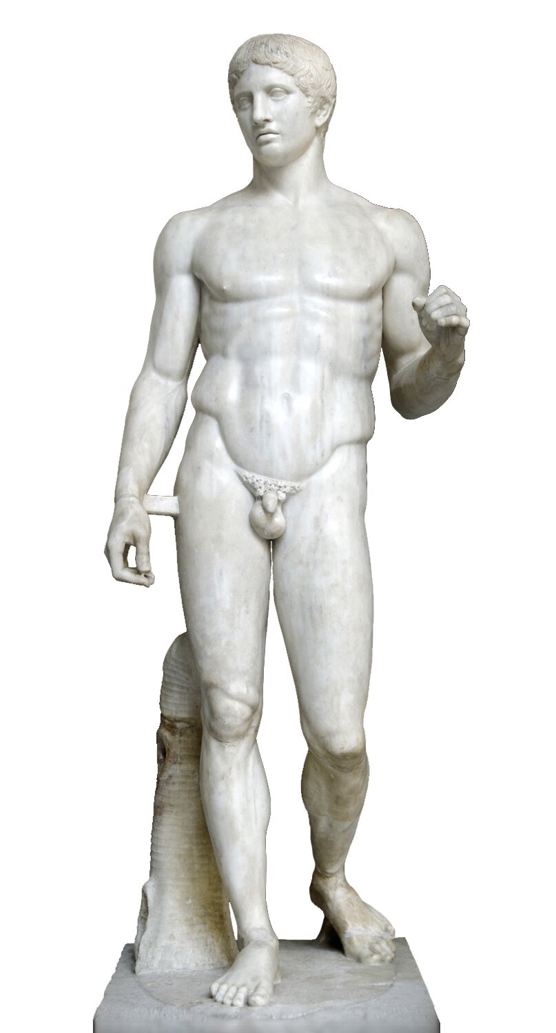 Doryforos Źródło: Poliklet, Doryforos, ok. 450 p.n.e., marmurowa replika rzymska, Museo Archeologico Nazionale, licencja: CC BY-SA 2.5.