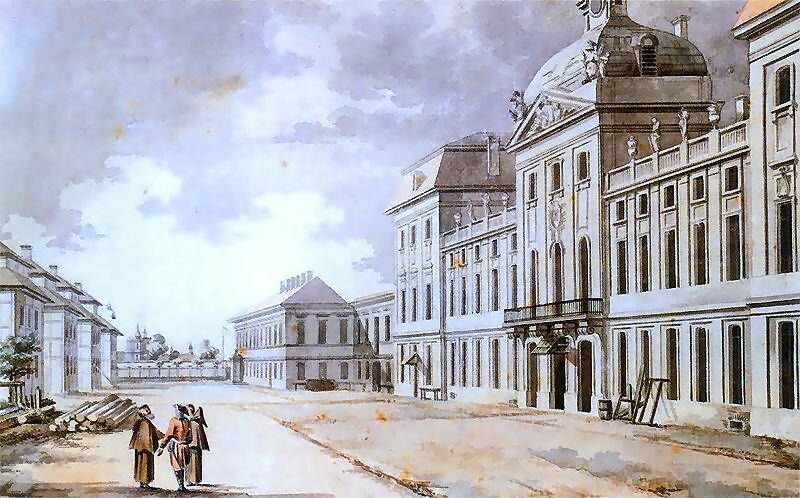Widok pałacu Kadetów, dawniej Kazimierzowskiego W pałacu Kadetów mieściła się Szkoła Rycerska. Źródło: Zygmunt Vogel, Widok pałacu Kadetów, dawniej Kazimierzowskiego, 1785, akwarela na papierze, Muzeum Narodowe w Warszawie, domena publiczna.