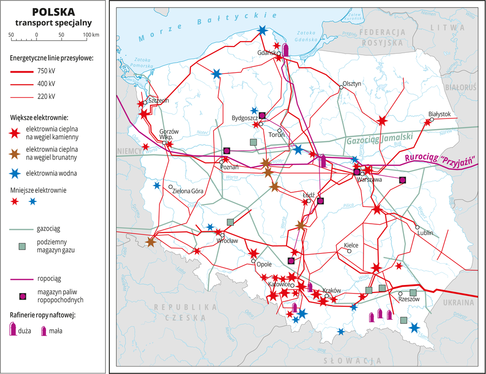Ilustracja przedstawia mapę Polski. Tło mapy jest w kolorze białym. Na mapie przedstawiono transport specjalny: energetyczne linie przesyłowe w postaci siatki czerwonych linii o różnej grubości w zależności od mocy – 220 kilowatów do 750 kilowatów. Kolorowymi gwiazdkami oznaczono elektrownie cieplne na węgiel kamienny, elektrownie cieplne na węgiel brunatny i elektrownie wodne, najwięcej elektrowni jest na południu Polski. Liniami oznaczono gazociąg i ropociąg o przebiegu równoleżnikowym, a sygnaturami podziemne magazyny gazu i magazyny paliw ropopochodnych i rafinerie ropy naftowej (wzdłuż gazociągu i ropociągu w środkowej Polsce oraz na Podkarpaciu). Mapa pokryta jest równoleżnikami i południkami. Dookoła mapy w białej ramce opisano współrzędne geograficzne co jeden stopień. W legendzie opisano znaki użyte na mapie.