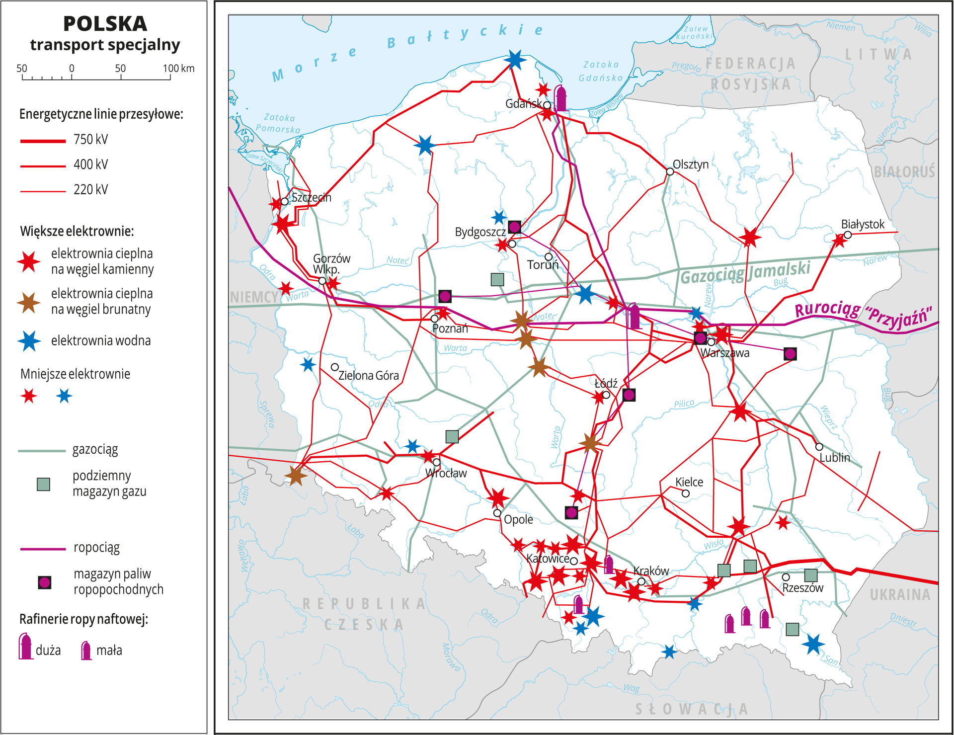 Ilustracja przedstawia mapę Polski. Tło mapy jest w kolorze białym. Na mapie przedstawiono transport specjalny: energetyczne linie przesyłowe w postaci siatki czerwonych linii o różnej grubości w zależności od mocy – 220 kilowatów do 750 kilowatów. Kolorowymi gwiazdkami oznaczono elektrownie cieplne na węgiel kamienny, elektrownie cieplne na węgiel brunatny i elektrownie wodne, najwięcej elektrowni jest na południu Polski. Liniami oznaczono gazociąg i ropociąg o przebiegu równoleżnikowym, a sygnaturami podziemne magazyny gazu i magazyny paliw ropopochodnych i rafinerie ropy naftowej (wzdłuż gazociągu i ropociągu w środkowej Polsce oraz na Podkarpaciu). Mapa pokryta jest równoleżnikami i południkami. Dookoła mapy w białej ramce opisano współrzędne geograficzne co jeden stopień. W legendzie opisano znaki użyte na mapie.