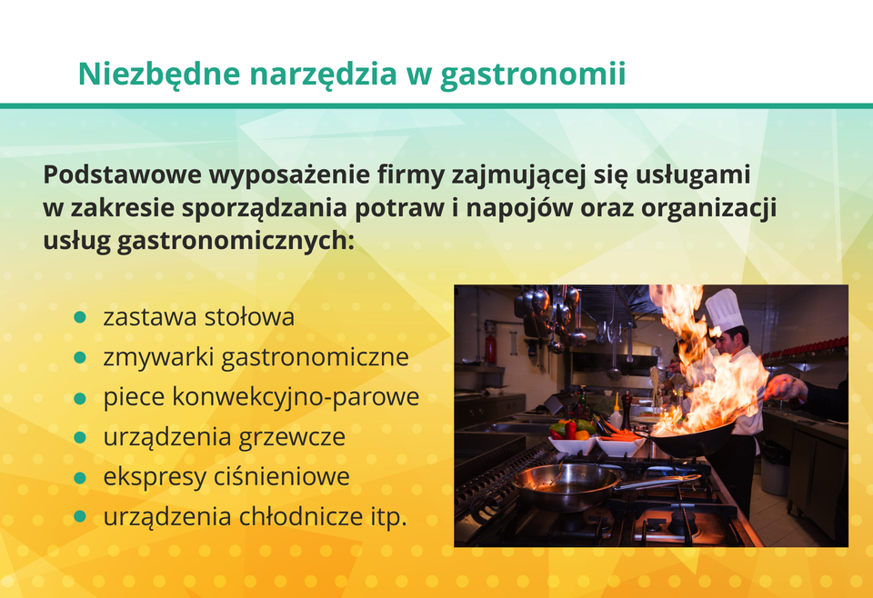 Grafika przestawia elementy wyposażenia gastronomii.
