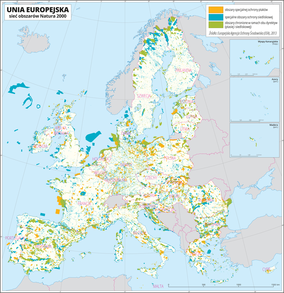 Ilustracja przedstawia mapę Europy. Państwa spoza Unii Europejskiej oznaczono kolorem szarym. Na mapie barwnymi plamami przedstawiono obszary specjalnej ochrony ptaków, specjalne obszary ochrony siedliskowej i obszary chronione w ramach obu dyrektyw (ptasiej i siedliskowej). Obszary te występują na lądzie, jak również w obrębie mórz. Mapa zawiera południki i równoleżniki, dookoła mapy w białej ramce opisano współrzędne geograficzne co dziesięć stopni.