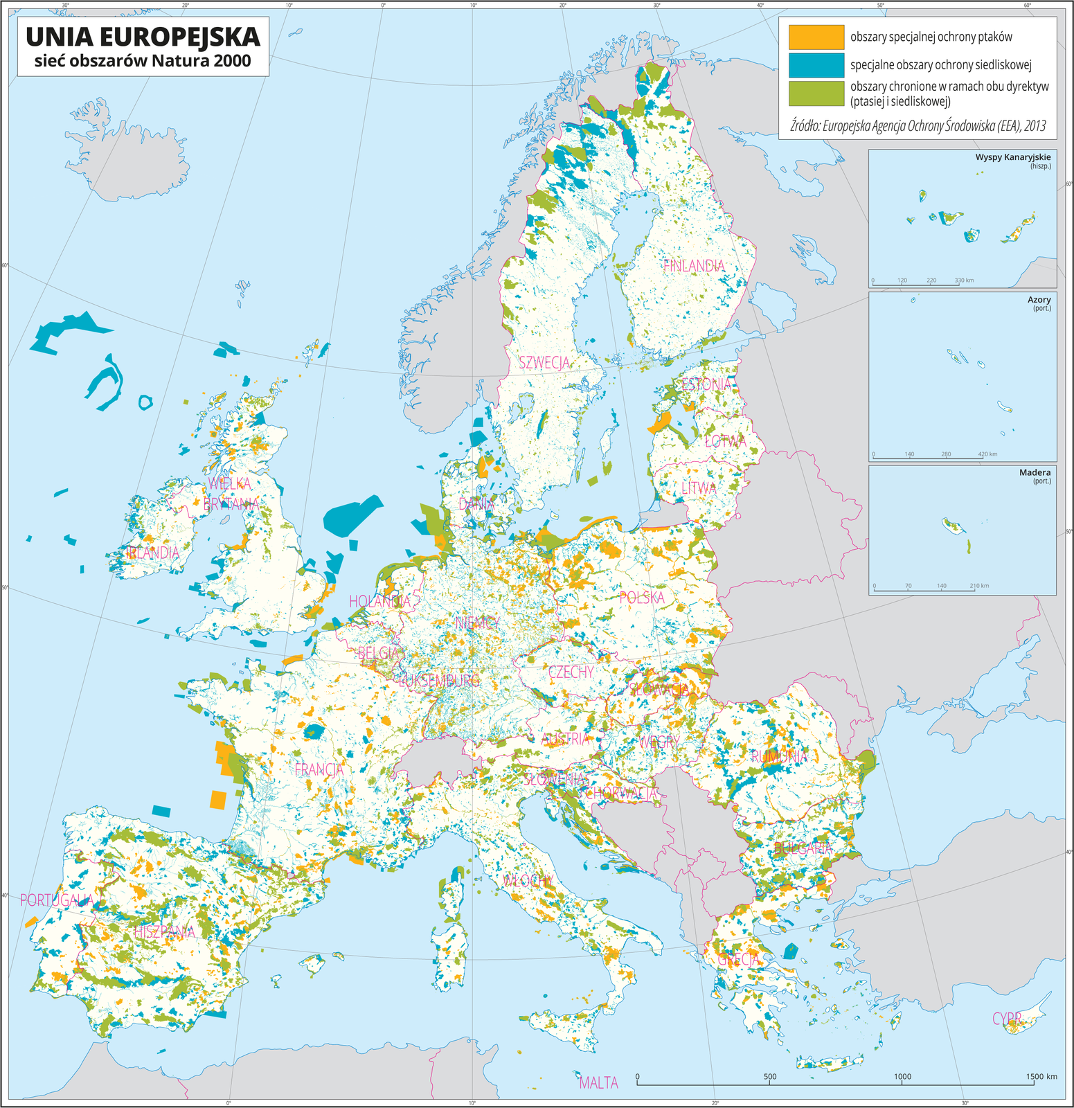 Ilustracja przedstawia mapę Europy. Państwa spoza Unii Europejskiej oznaczono kolorem szarym. Na mapie barwnymi plamami przedstawiono obszary specjalnej ochrony ptaków, specjalne obszary ochrony siedliskowej i obszary chronione w ramach obu dyrektyw (ptasiej i siedliskowej). Obszary te występują na lądzie, jak również w obrębie mórz. Mapa zawiera południki i równoleżniki, dookoła mapy w białej ramce opisano współrzędne geograficzne co dziesięć stopni.